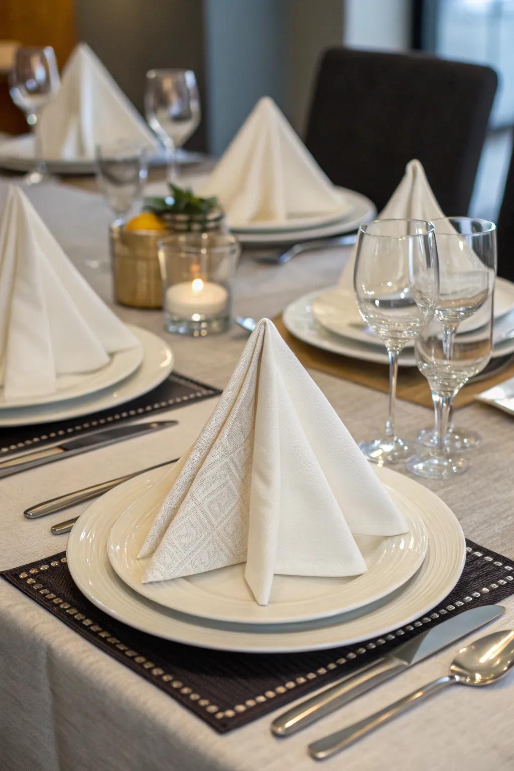 Geometric wedge folds offer modern elegance.