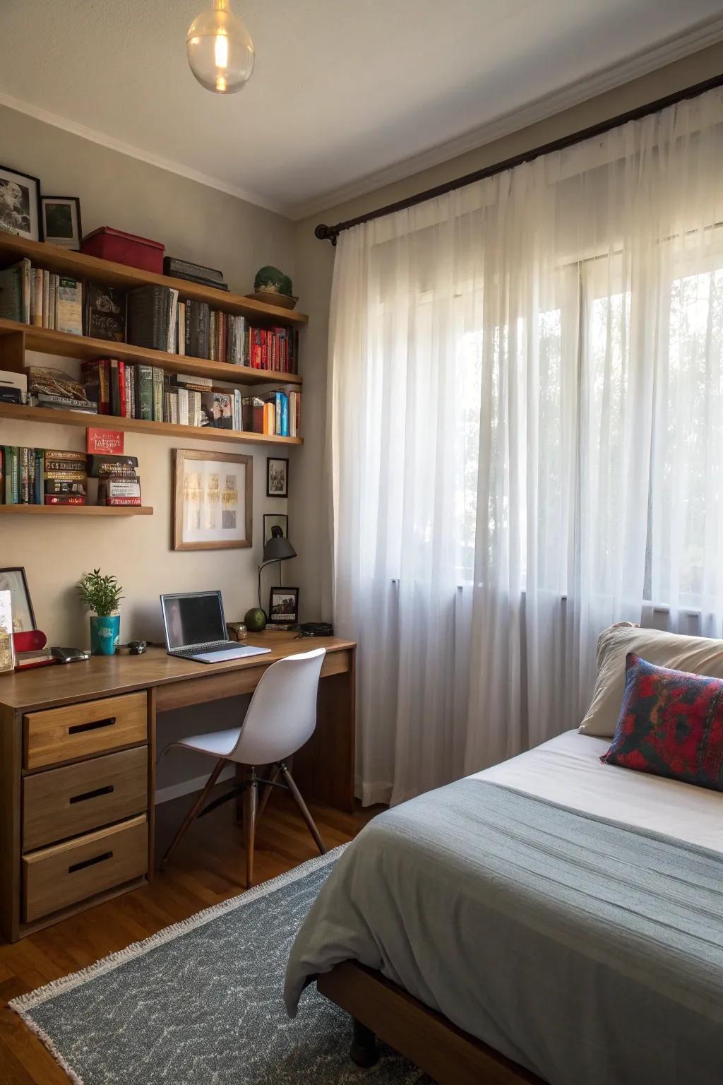Sheer curtains enhance natural light and keep the room airy.