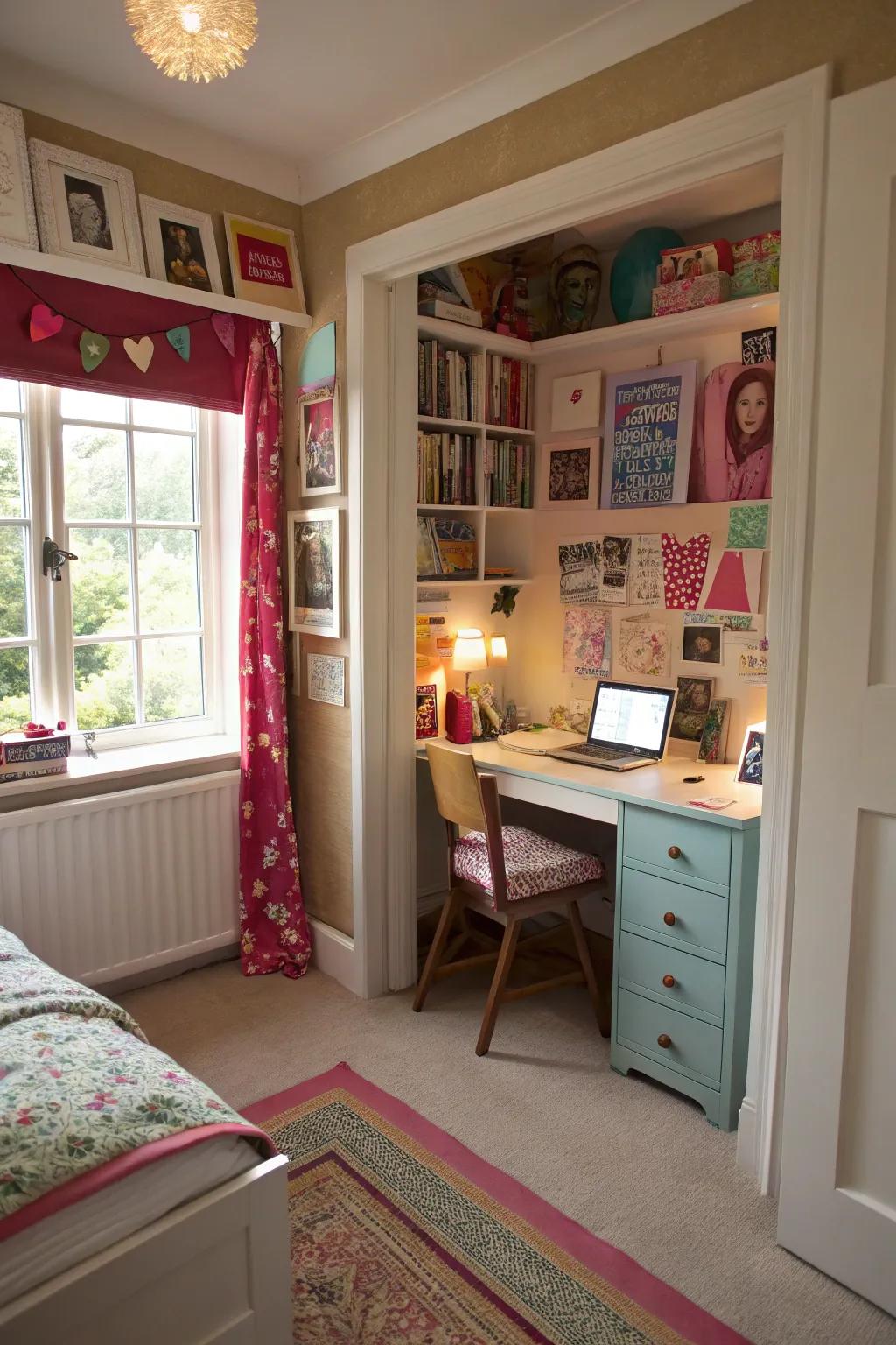 A hidden study space offers a quiet and functional study area in a teen girl's room.