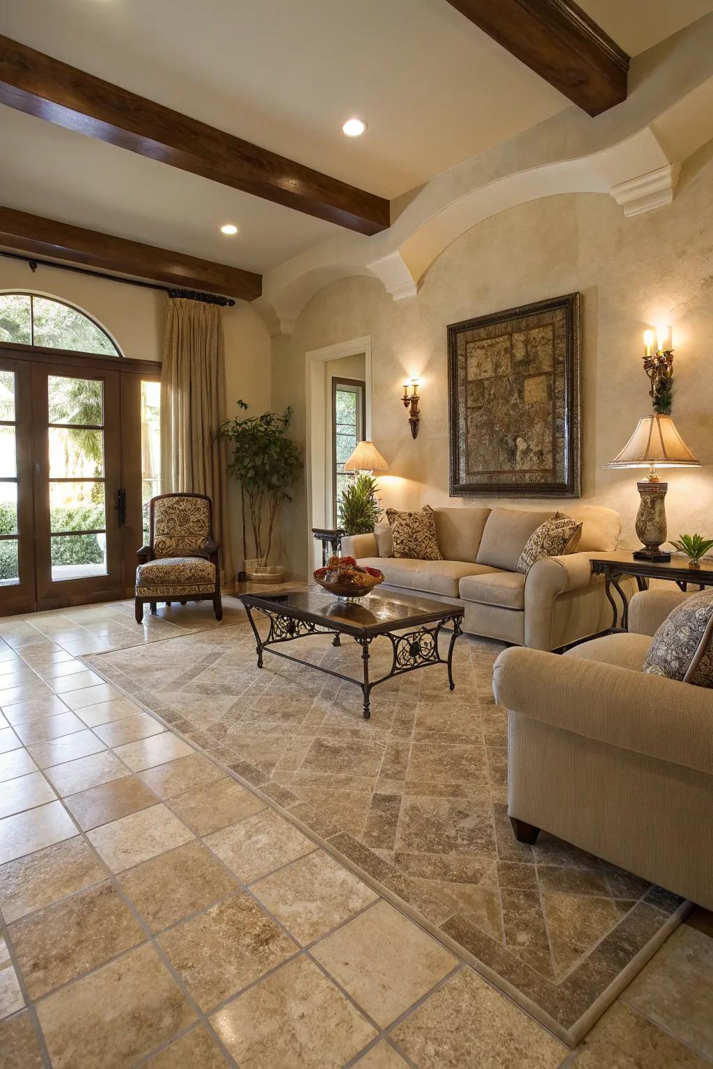 This living room is given warmth and earthy elegance with travertine tiles.