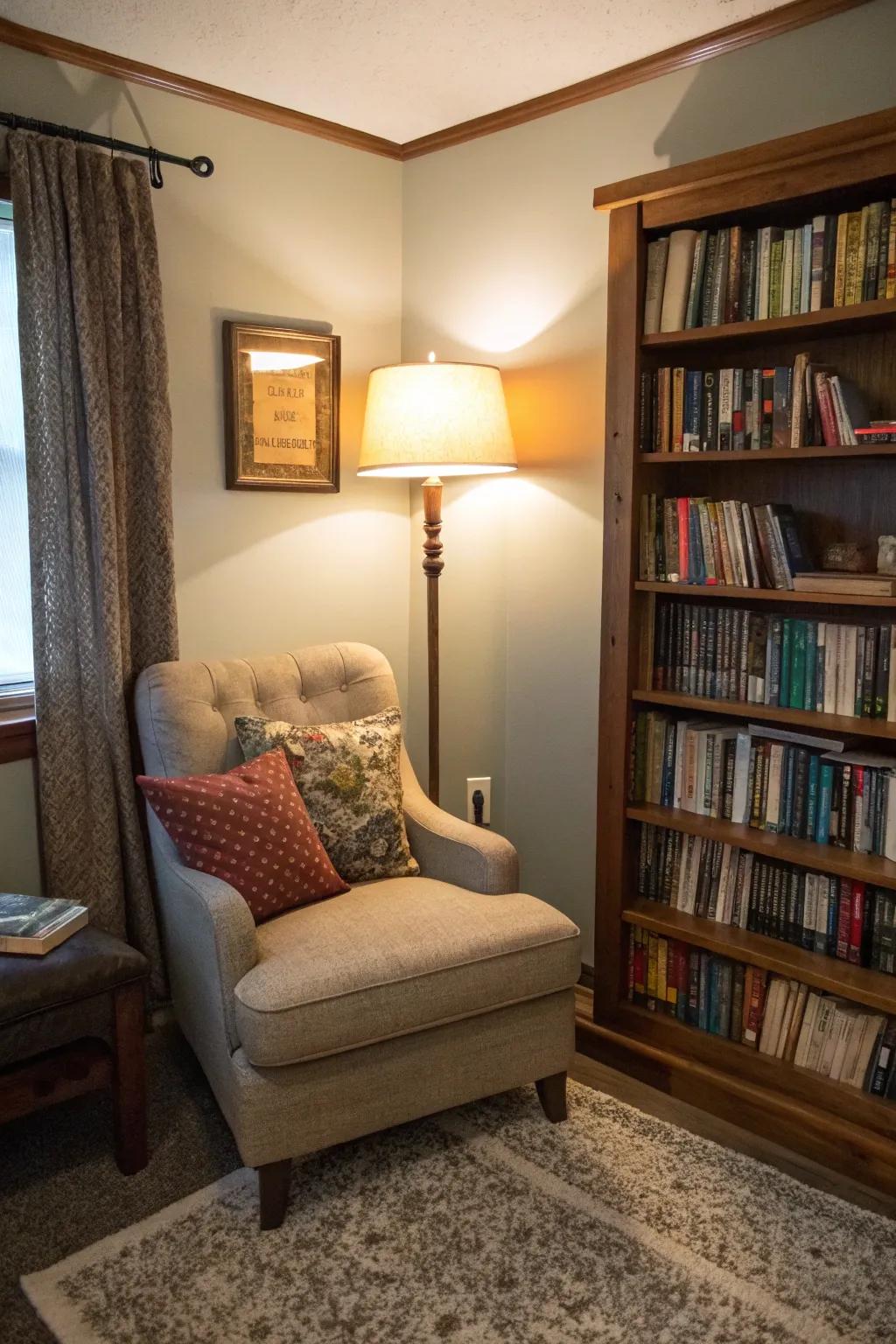 A reading space offers a serene escape within a small room.