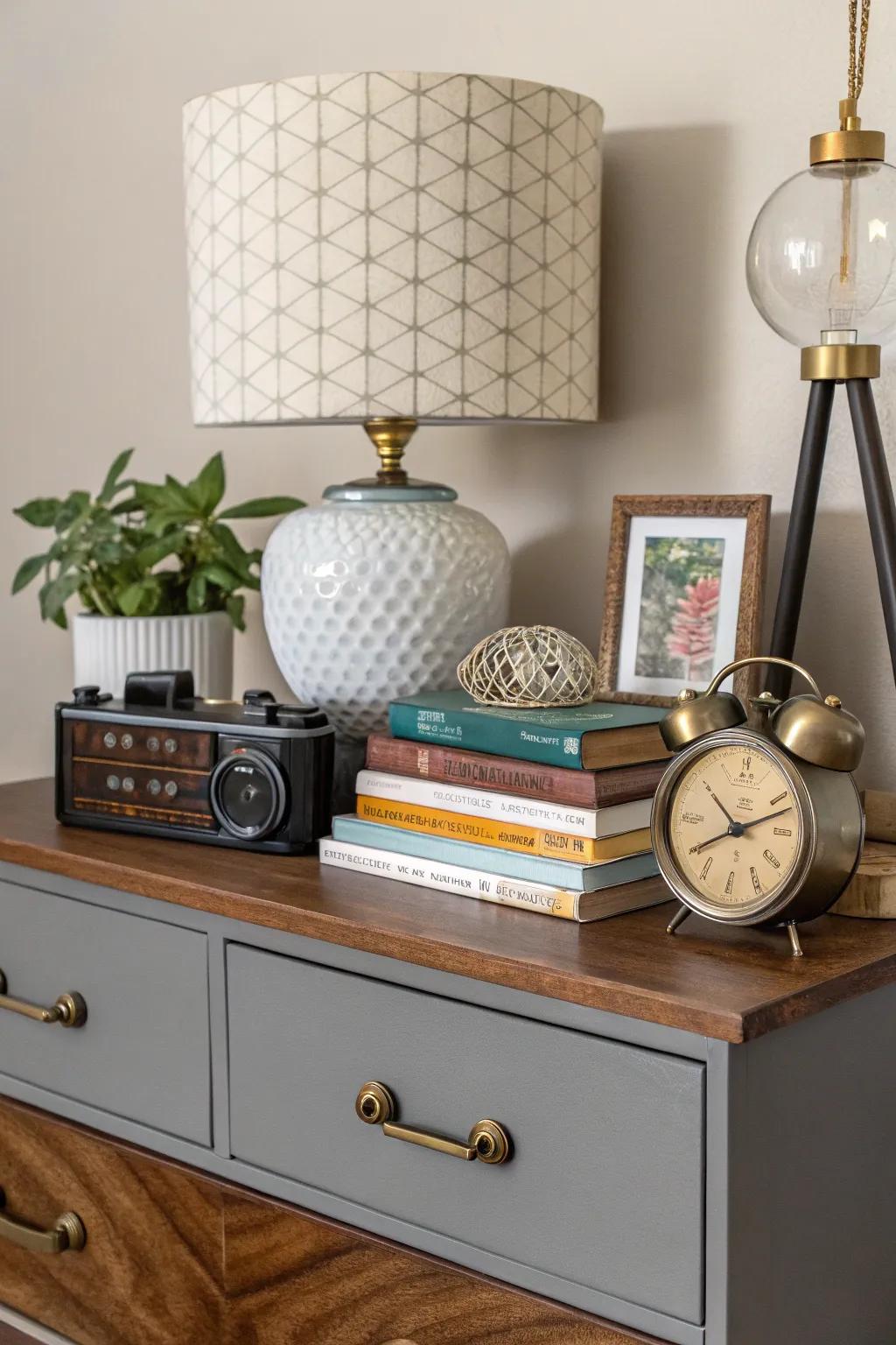 Mix of items on a dresser.
