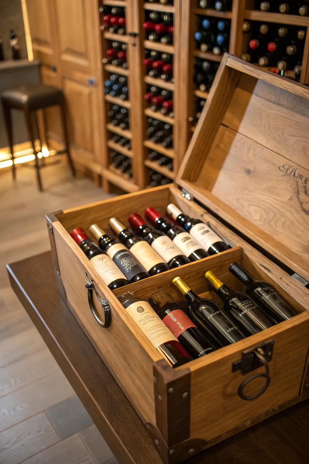 A trunk offers innovative wine storage, perfect for any wine enthusiast.