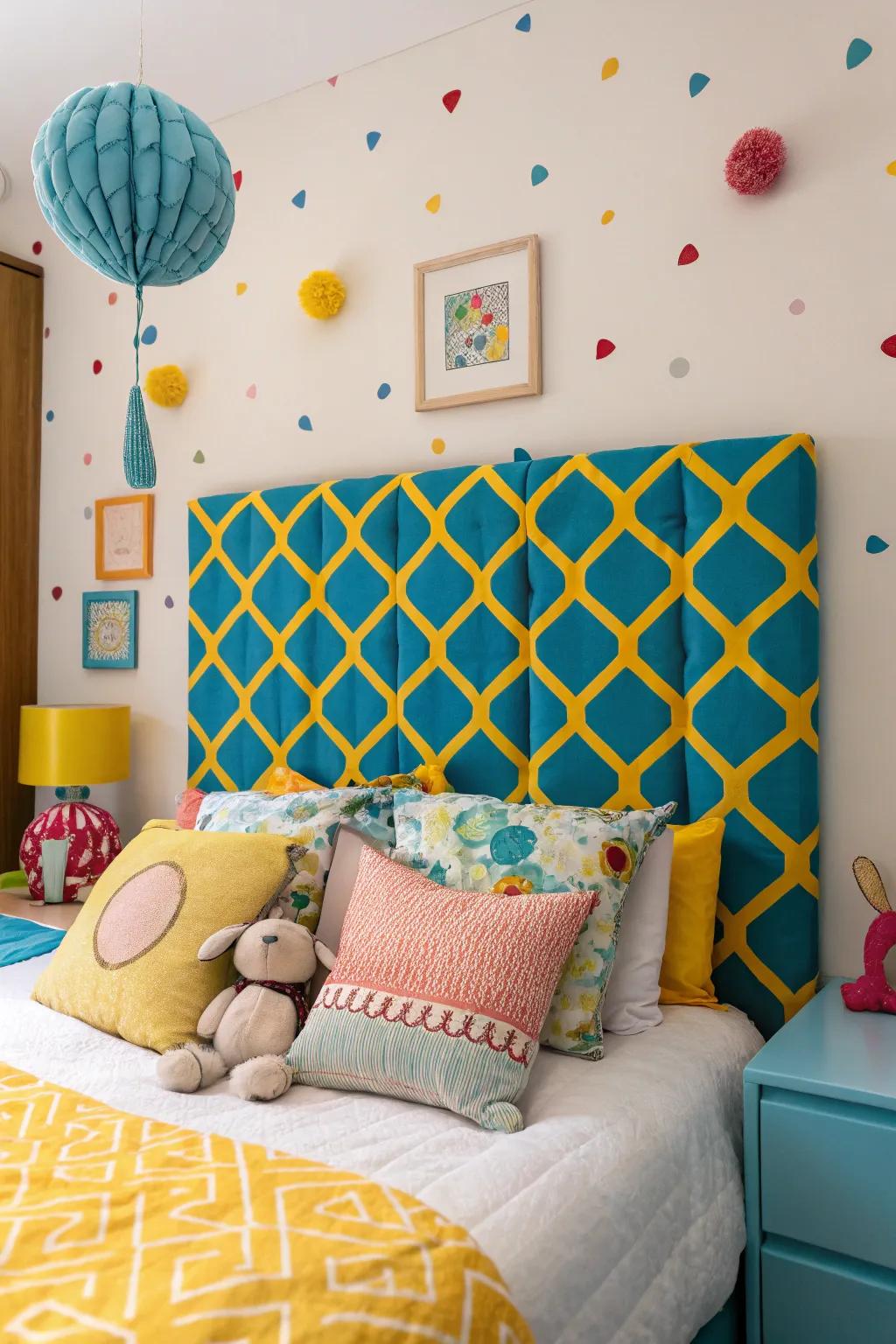 A whimsical bedroom featuring a playful tufted headboard.