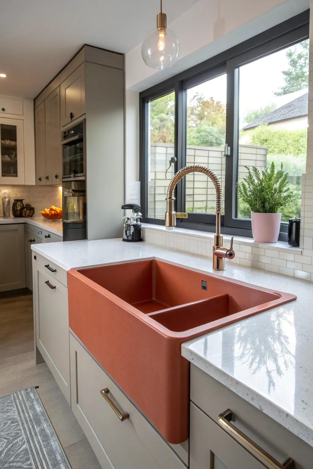 An undermount sink in an unexpected color adding a wow factor to the kitchen.