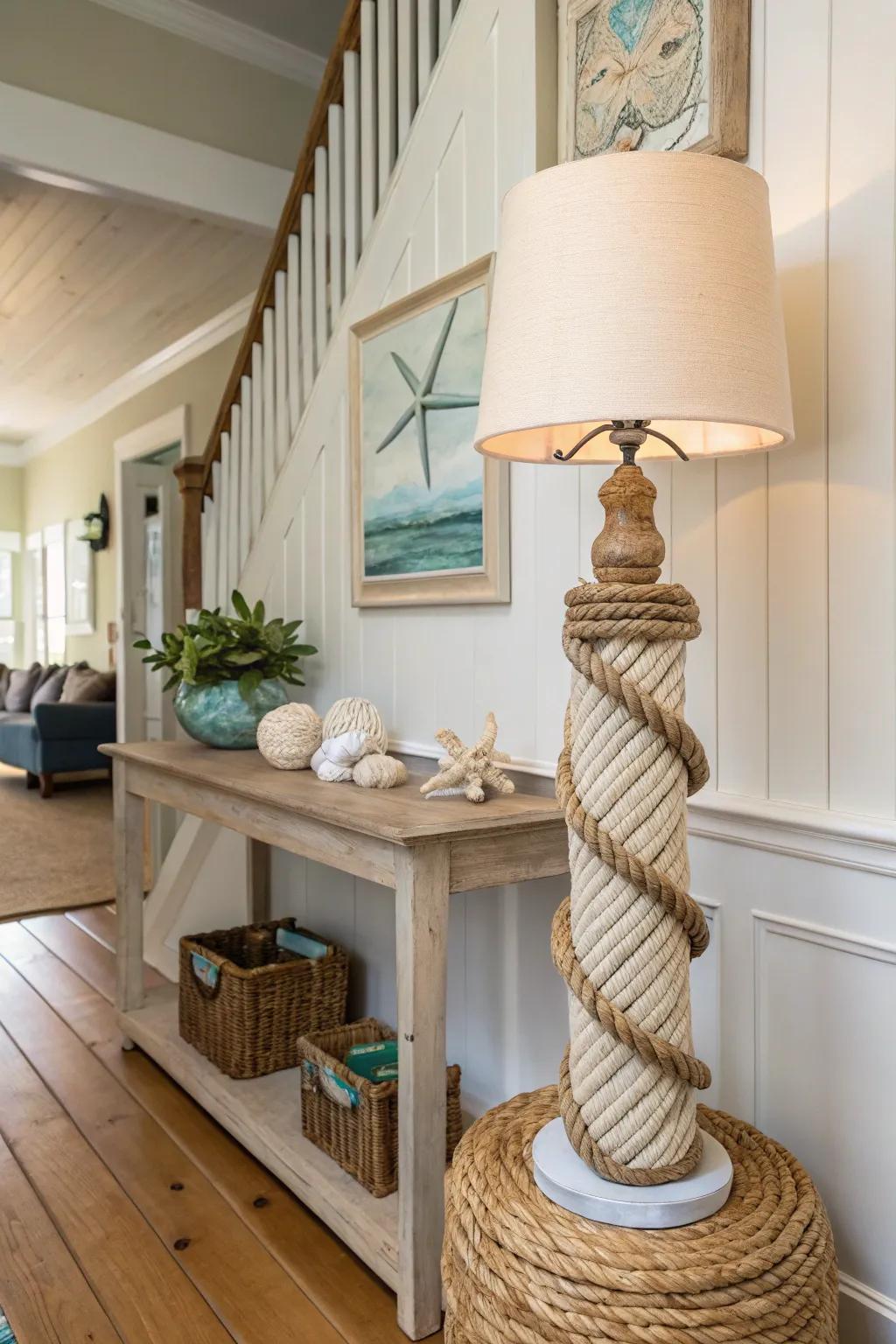 Cozy textures with a rope-wrapped lamp.