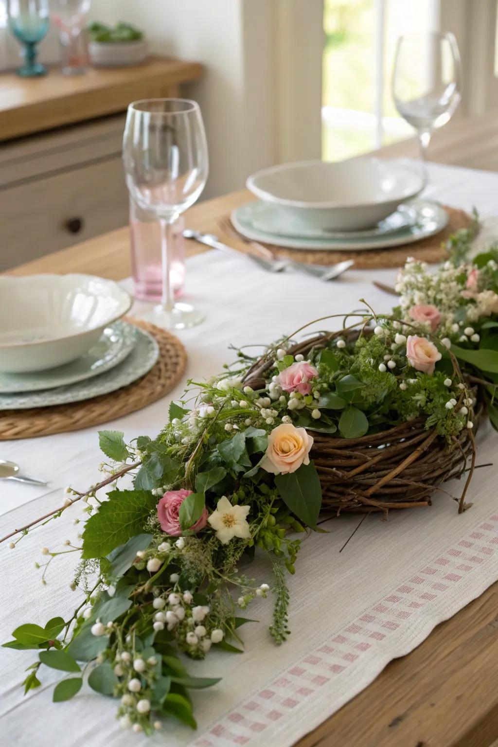 A climbing vine garland introduces natural texture and beauty.