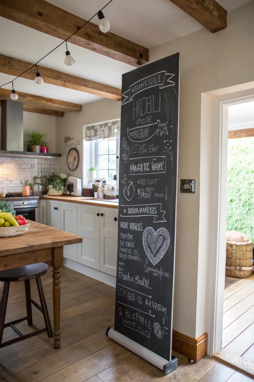 A chalkboard offers a touch to a family kitchen.