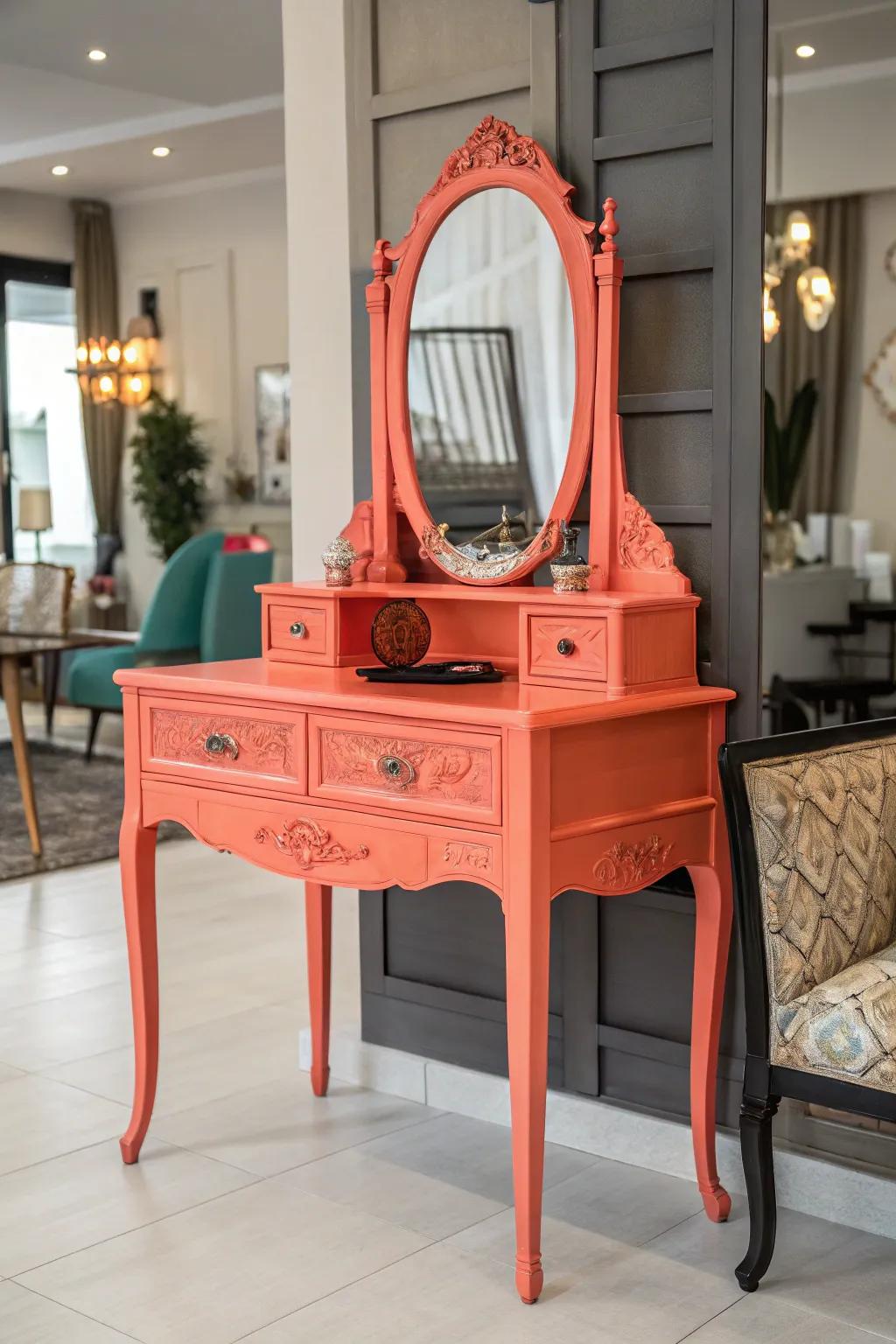 Unpredicted colors can make your vintage vanity a striking focal point.