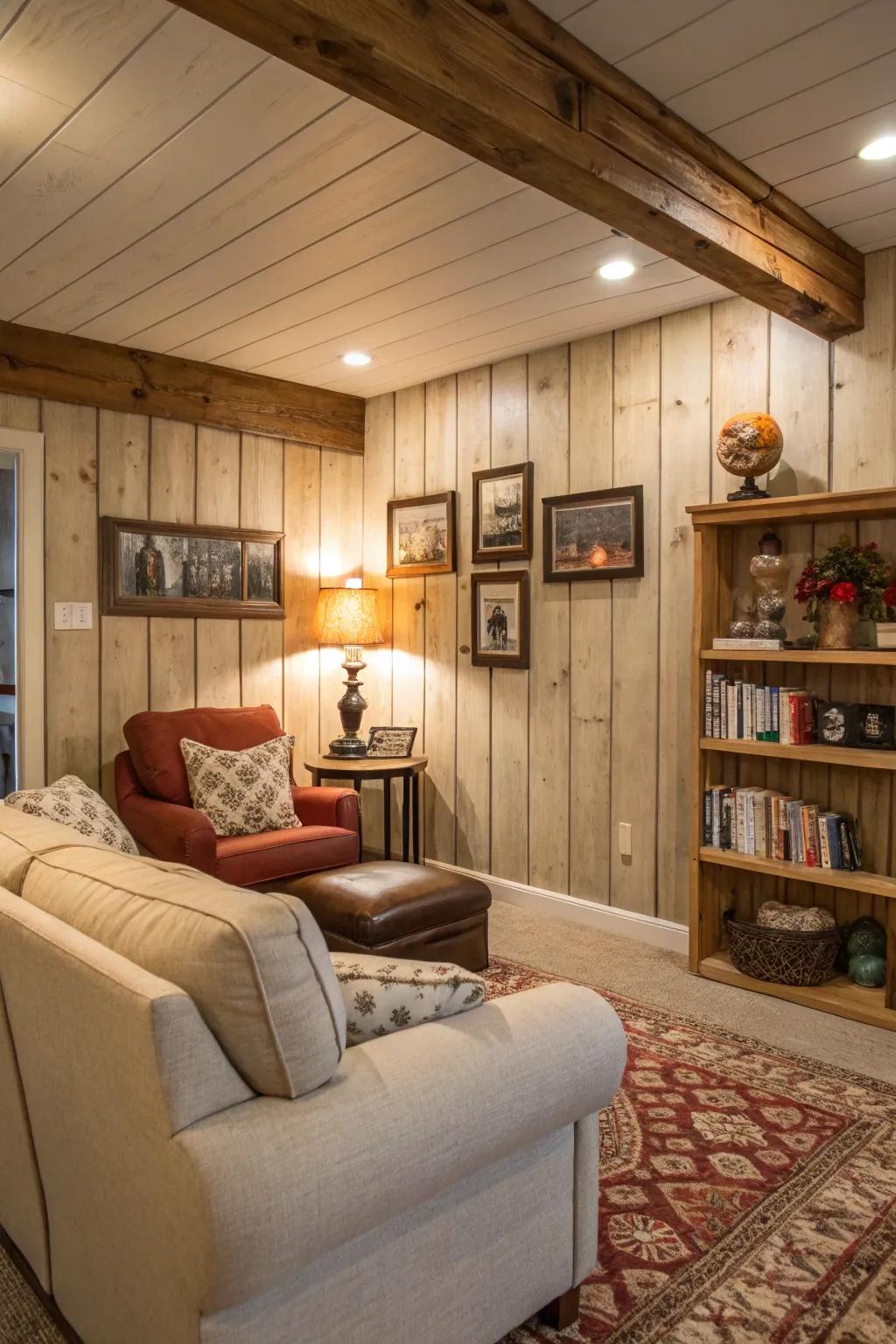 Painted timber cladding adds rustic charm to a family room.