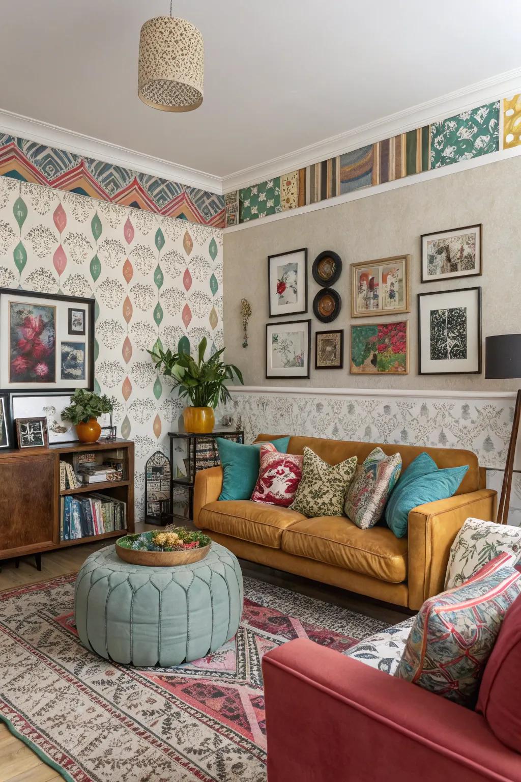 An eclectic living room with a mixed pattern wallpaper border reflecting personal style.