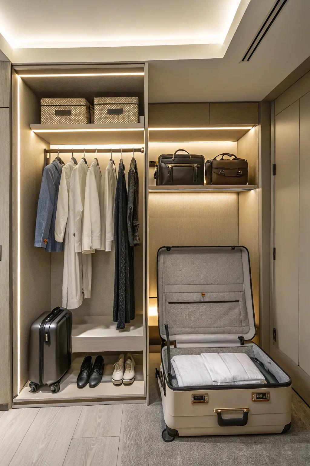 A designated luggage area keeps the wardrobe organized.