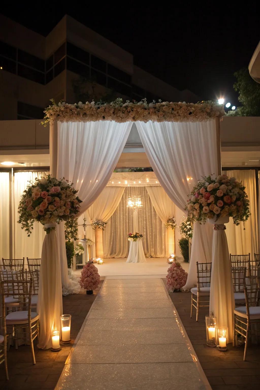 A wedding venue changed with drapery, which makes an intimate and romantic atmosphere.