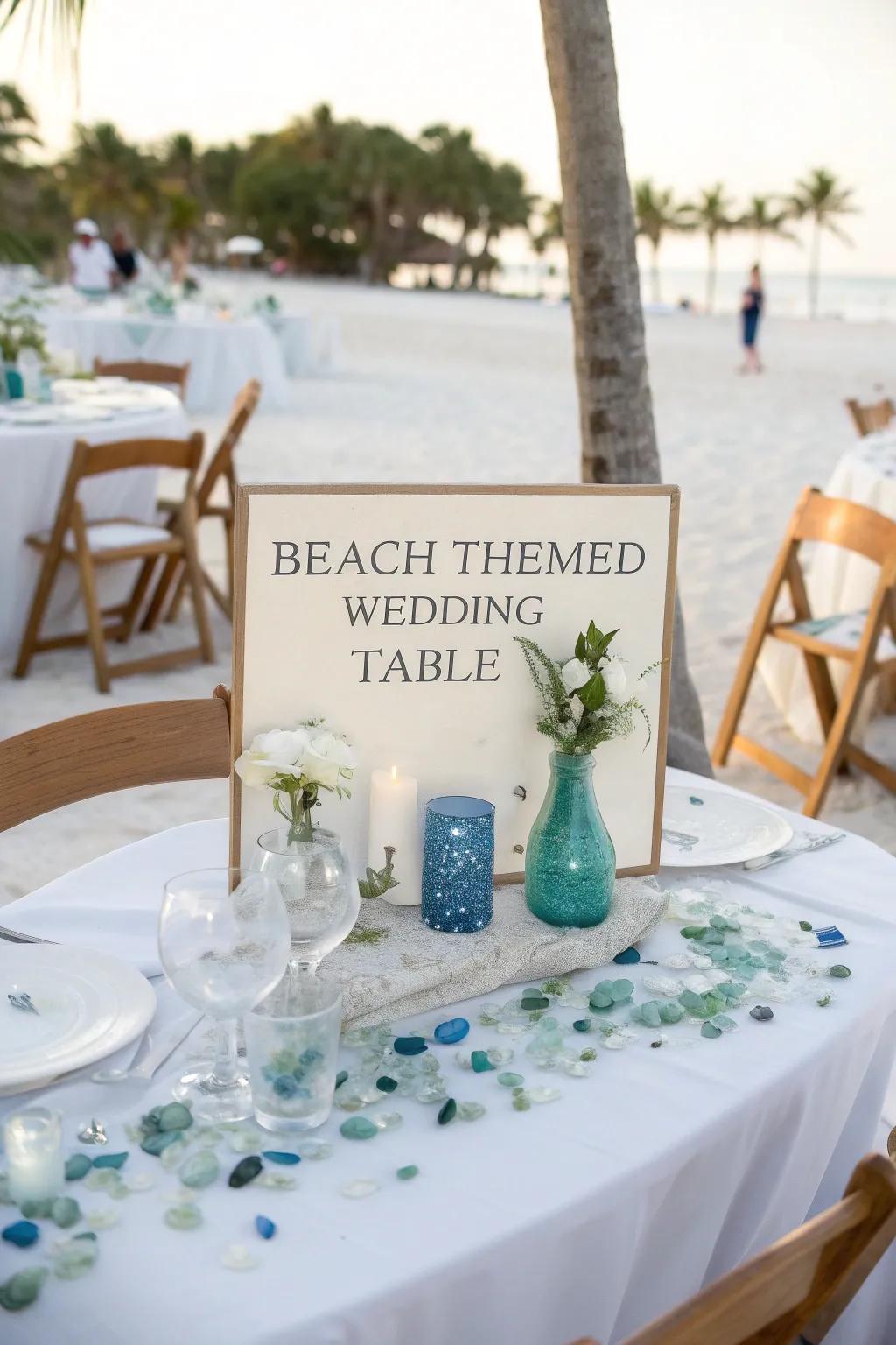 Your wedding tables will have a coastal feel thanks to the sea glass.