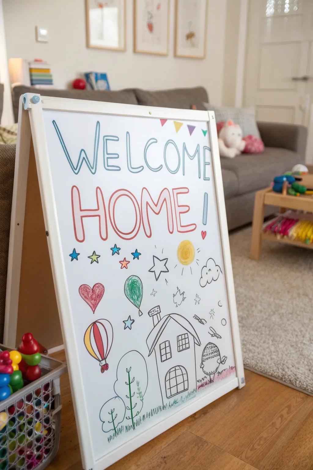 Playful drawings creating a family-friendly display board welcome.