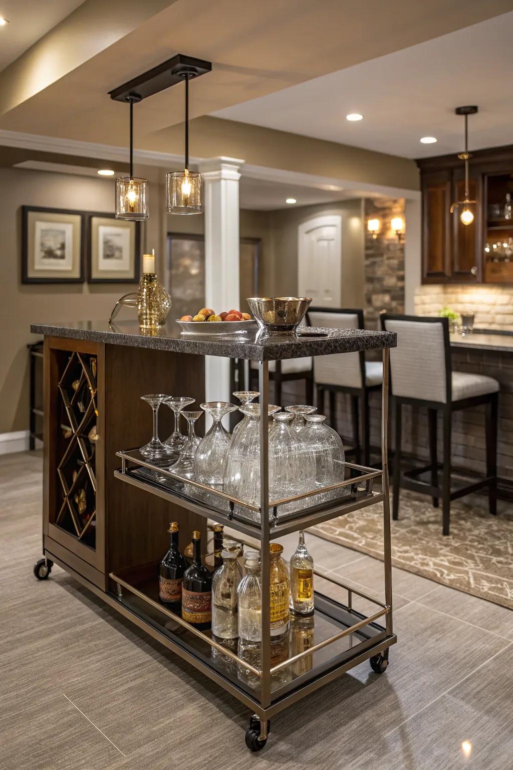 A built-in bar trolley offers mobility and style, enhancing your entertaining experience.