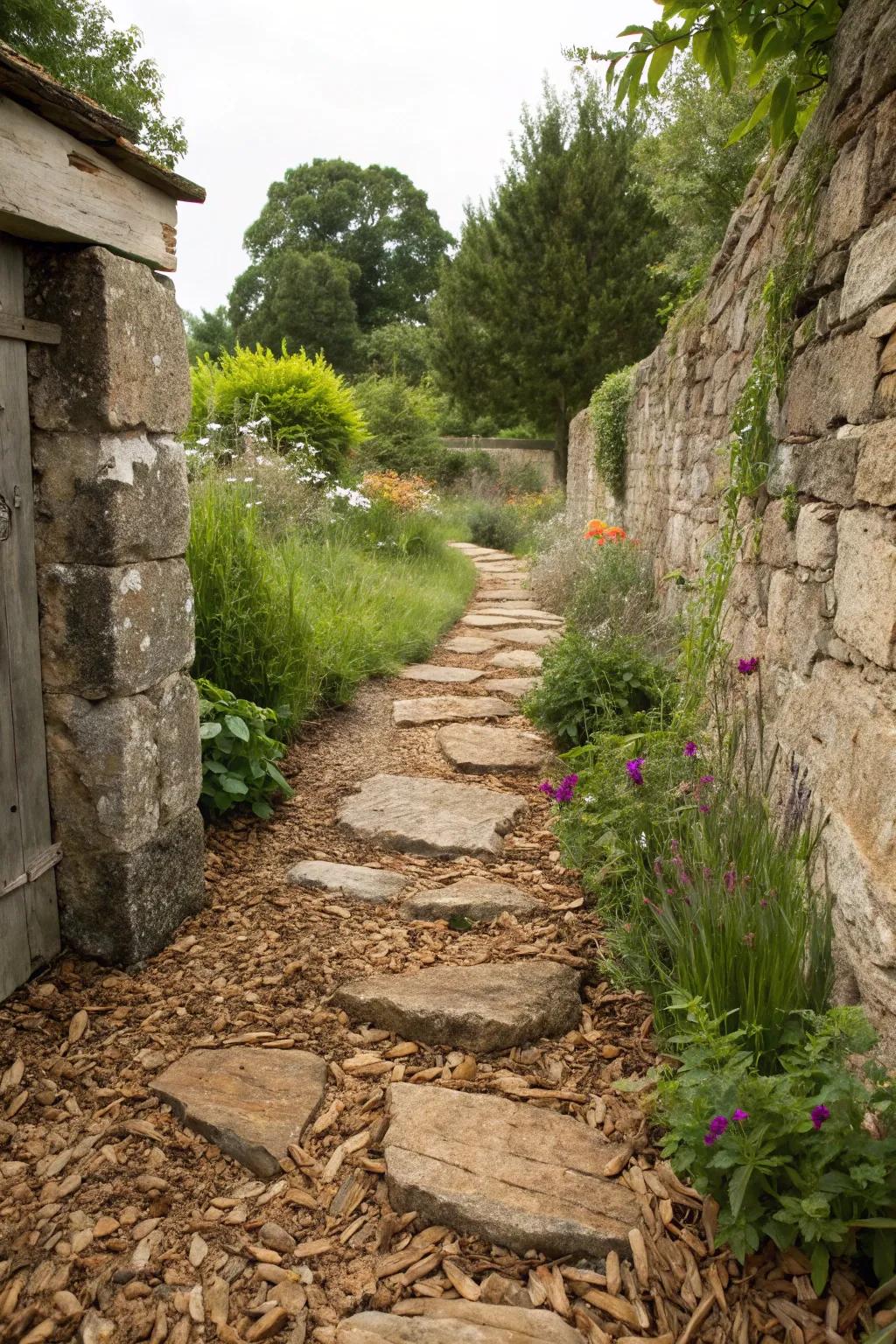 Wood pieces providing a rustic, natural touch to paver paths.