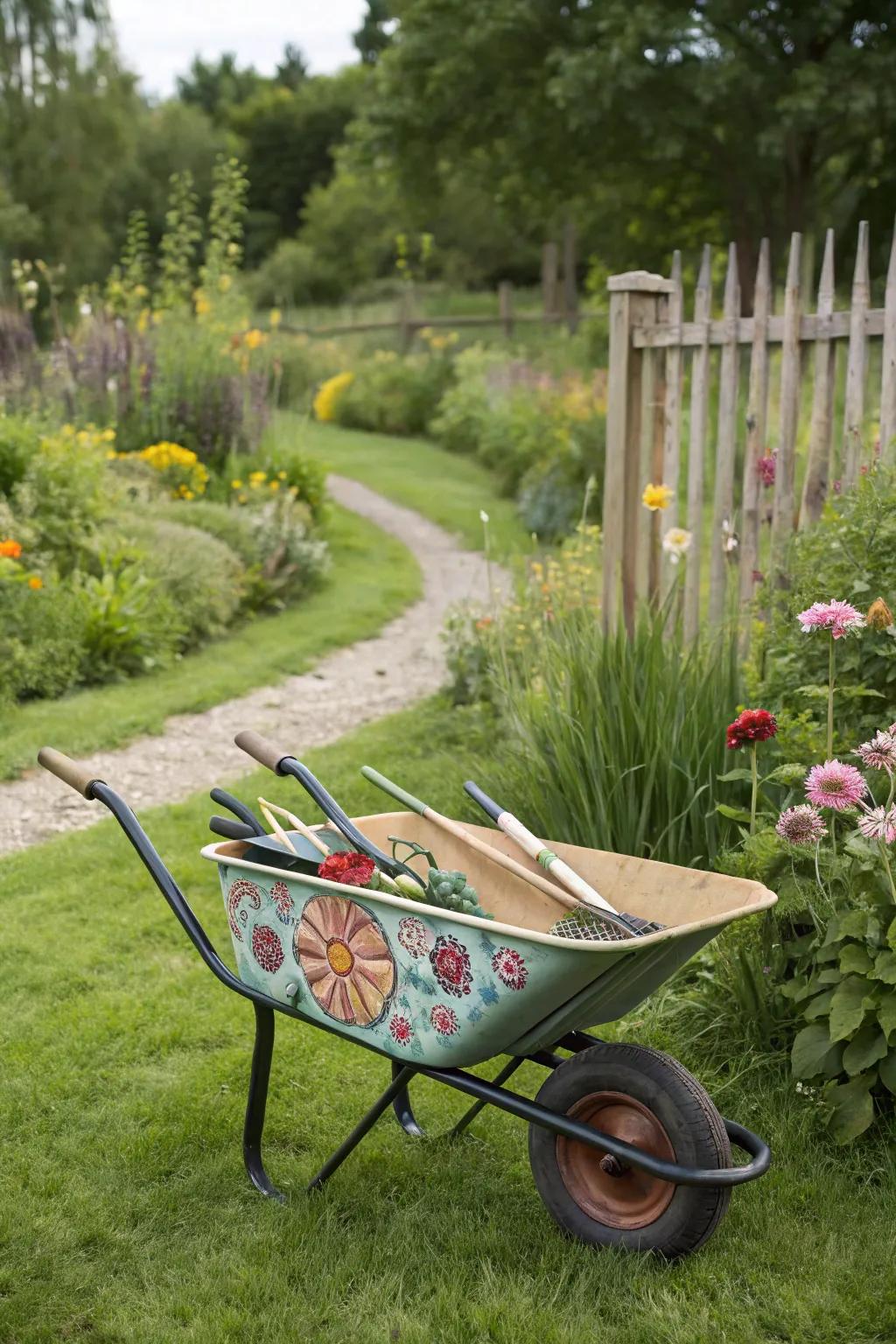 Express artistic flair through a hand-painted wheelbarrow.