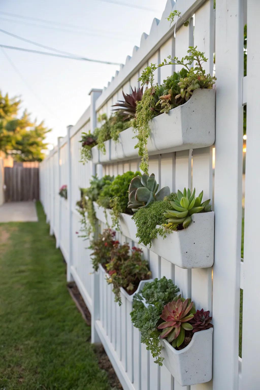 A vertical garden on a white fence is a space-saving way to add greenery.