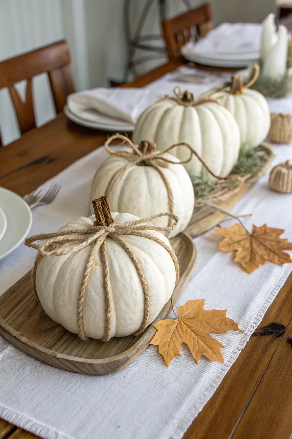 Cord-wrapped pumpkins for rustic elegance.