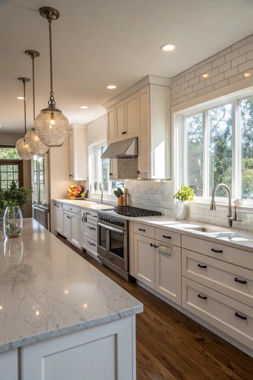 Crystalized stone backsplash that is beautifully enhanced with sunlight in the cooking space.