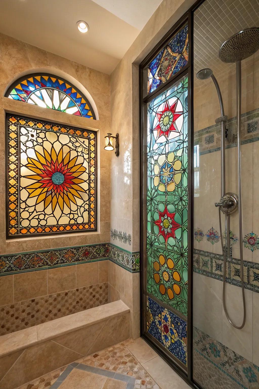 Piecework glass brings vibrant colors and patterns to the shower window.