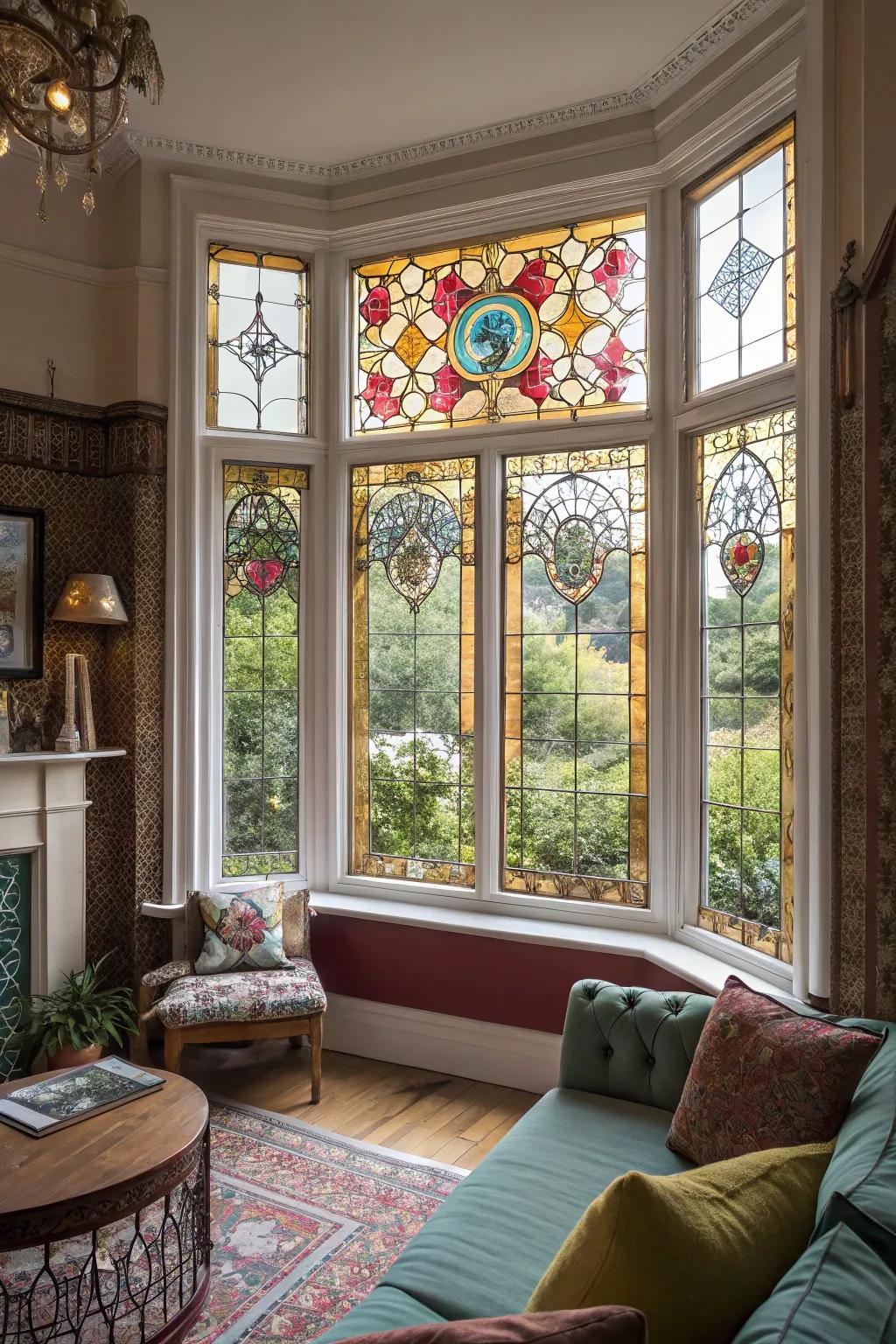 Colored glass adds artistic flair to bay windows.