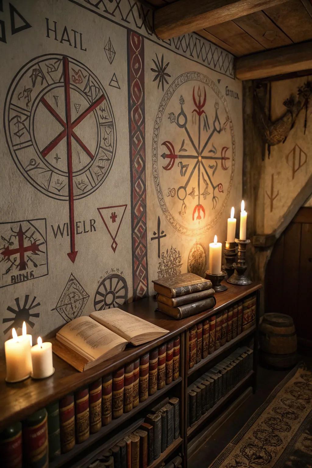 Characters and glyphs inject ancient magic into the chamber.