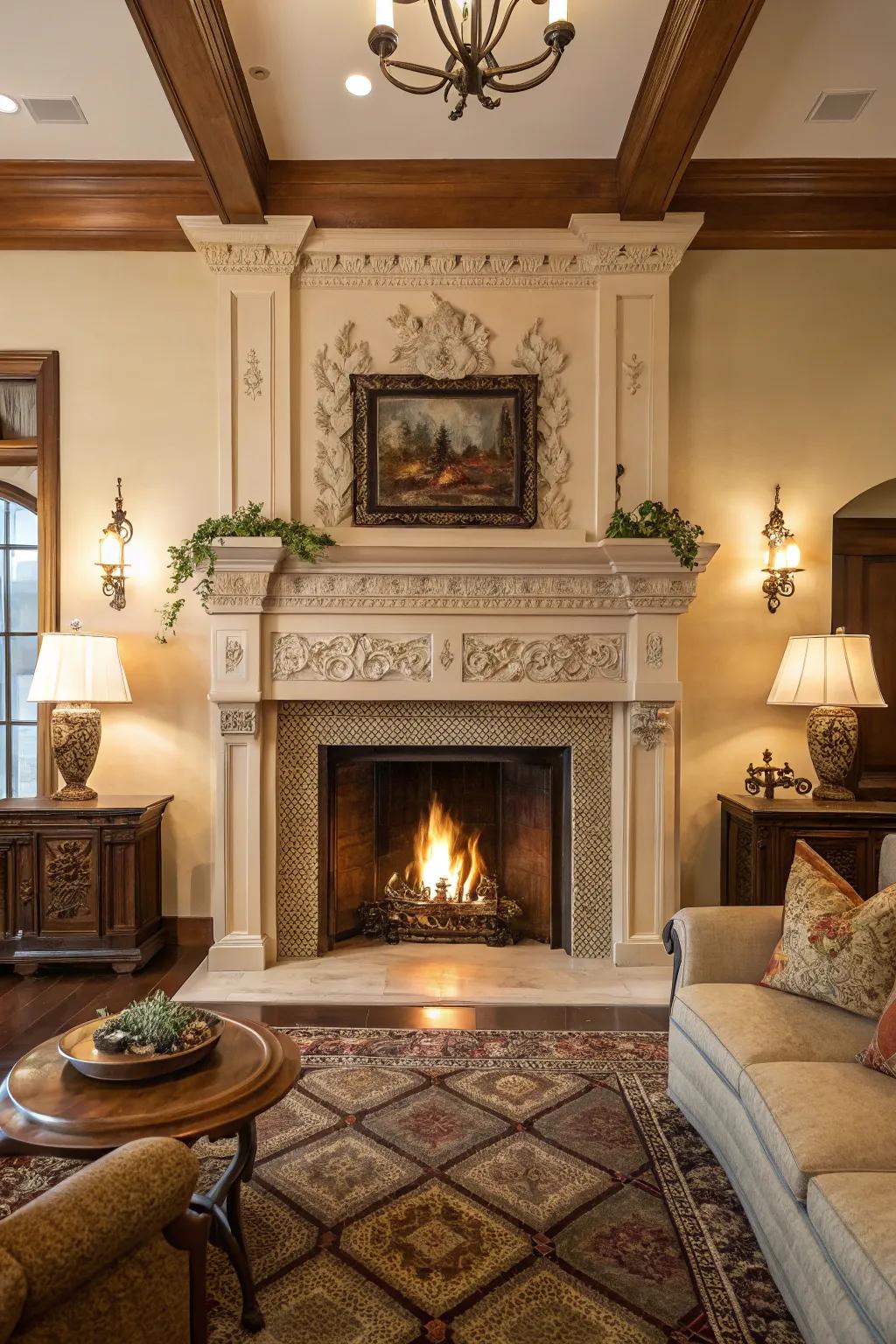 A grand fireplace with an eye-catching panel for impact.