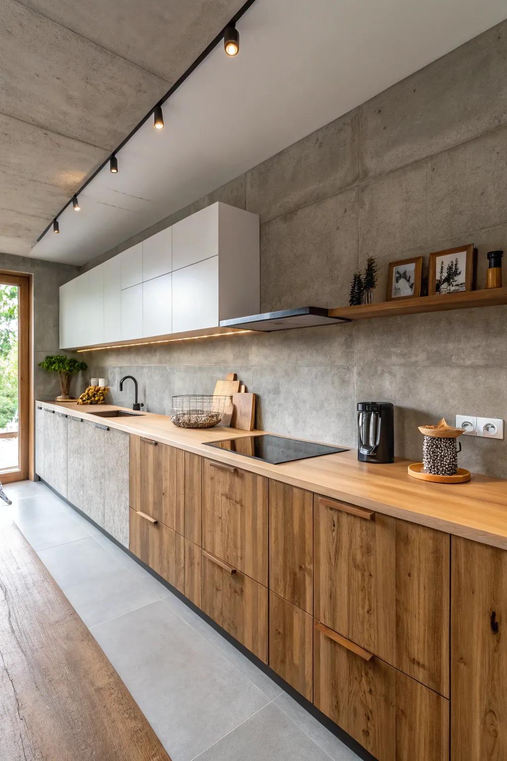 A modern contrast of timber and cement in kitchen design.