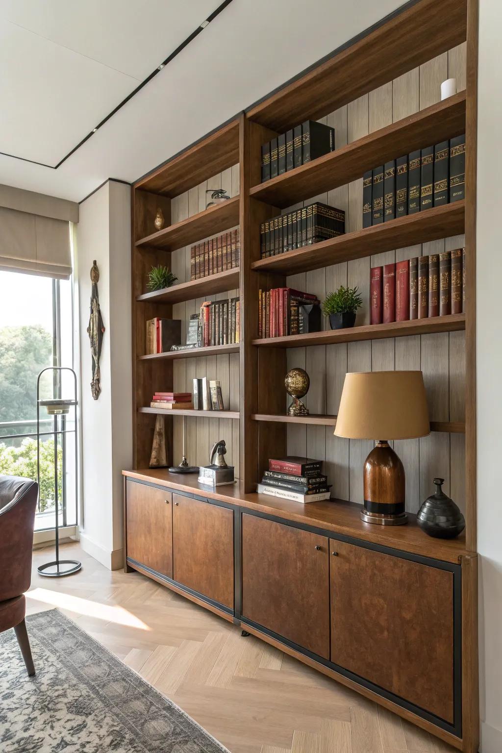 A wood and leather shelf has a modern look.