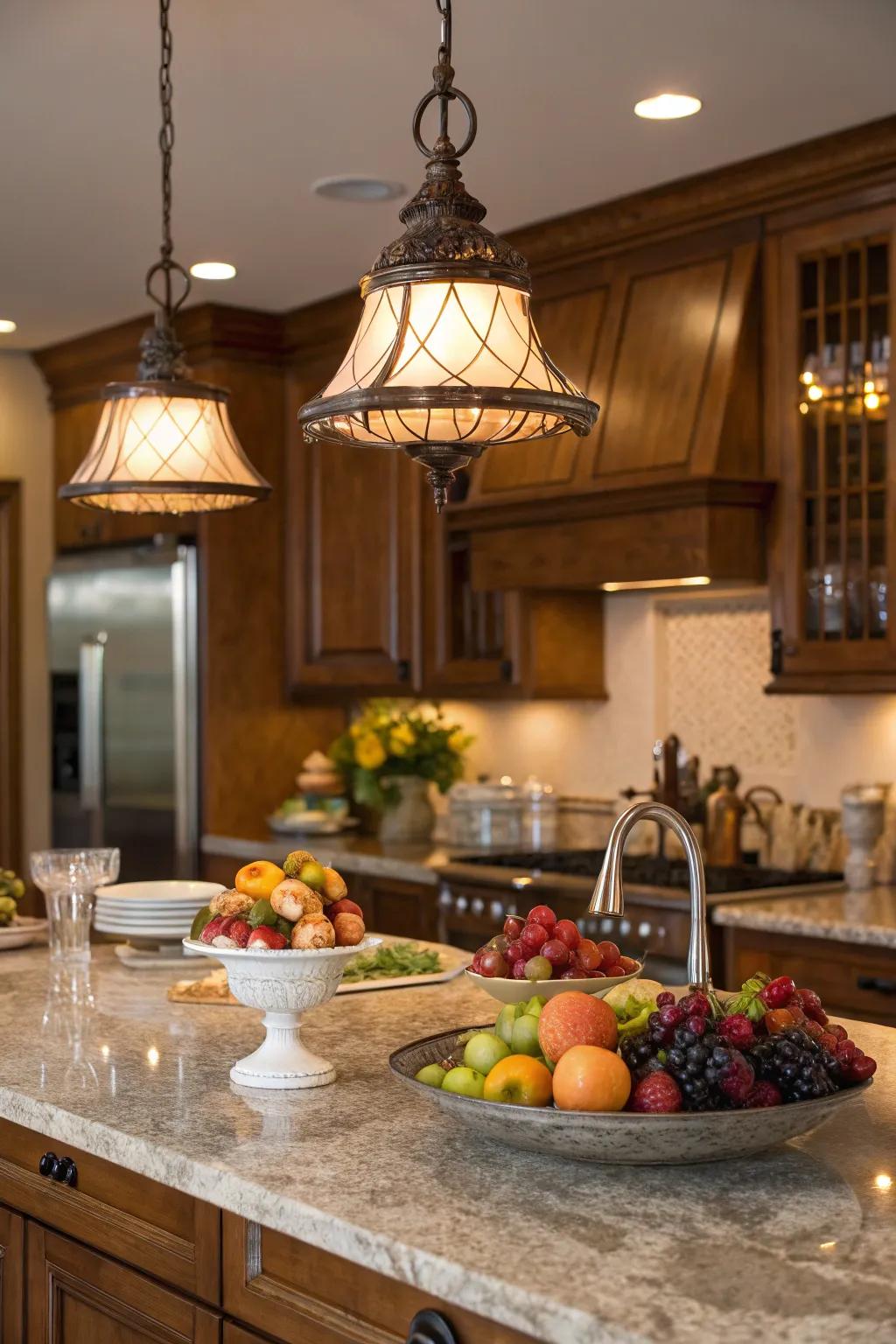 Striking hanging lights highlight the island's design and create a welcoming ambiance.