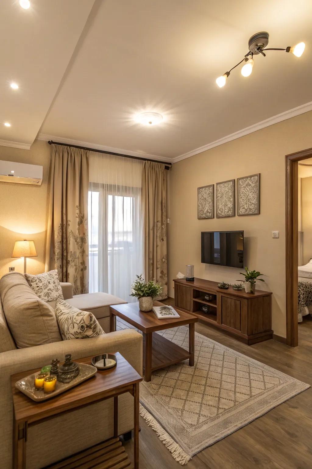 Neutral tones bring calmness and equilibrium to compact spaces.