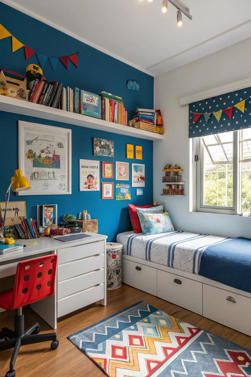 A striking blue wall adds vibrancy and energy to a boy's bedroom.