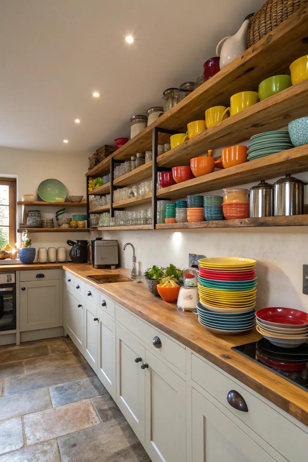 Open shelves add a touch of elegance to a small kitchen.