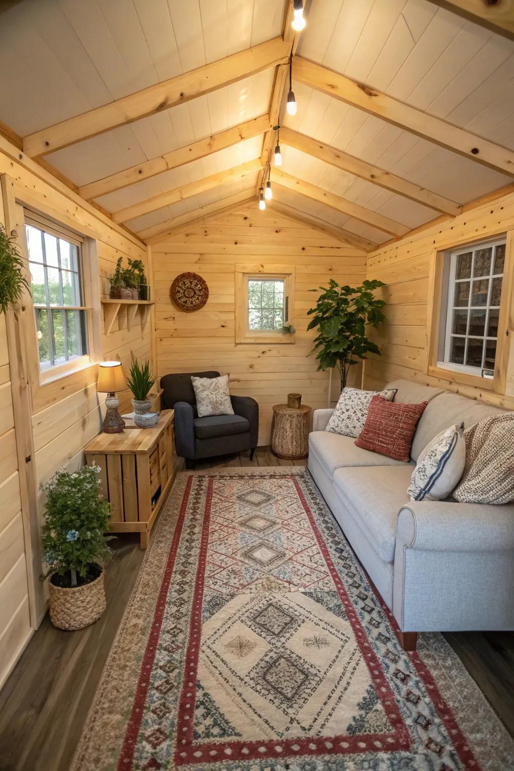 Design an intimate lounge area with comfortable seating and layered floor coverings for warmth.