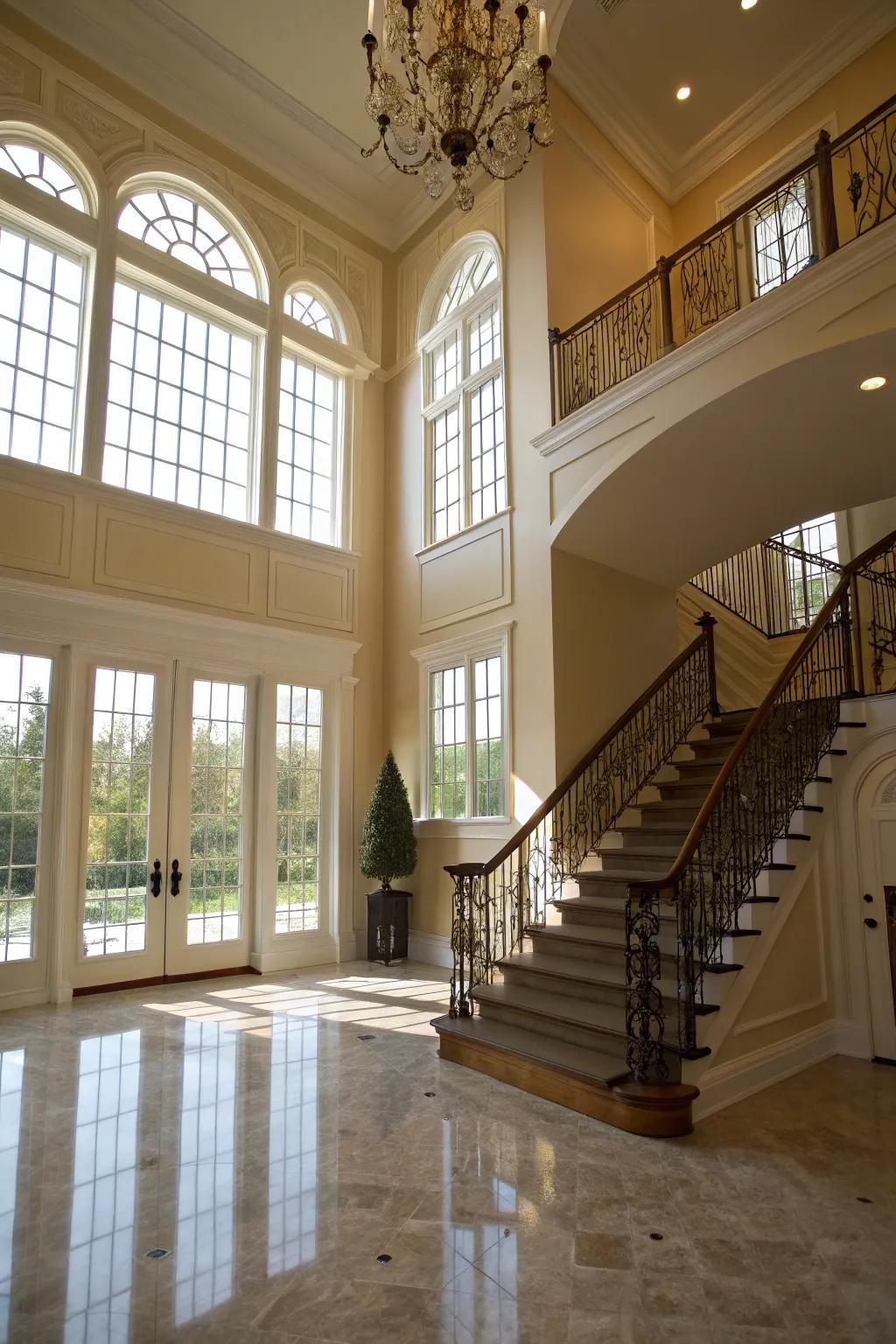 Natural light pouring through tall windows creates an inviting ambiance.