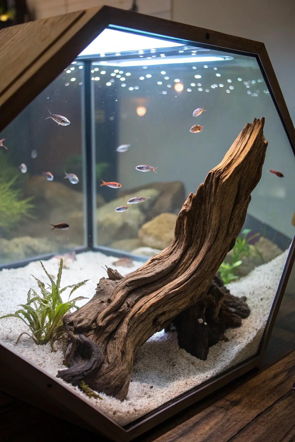 Petrified wood brings countryside charm and a natural centerpiece.
