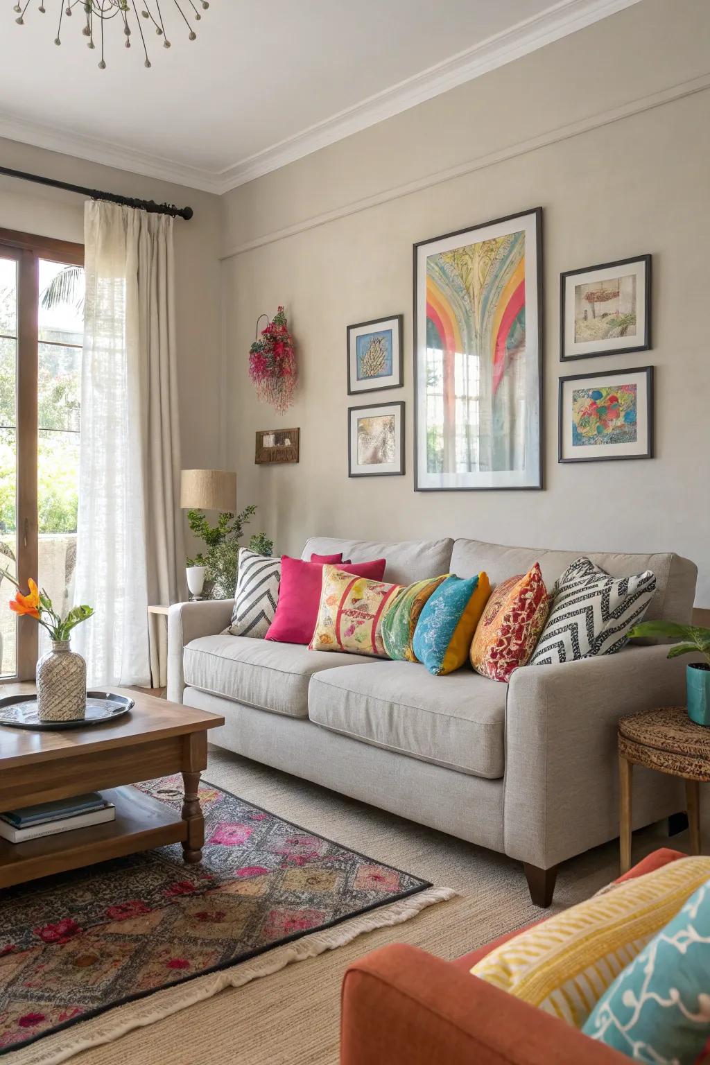 Neutral tones with bold accents bring balance and vibrancy.