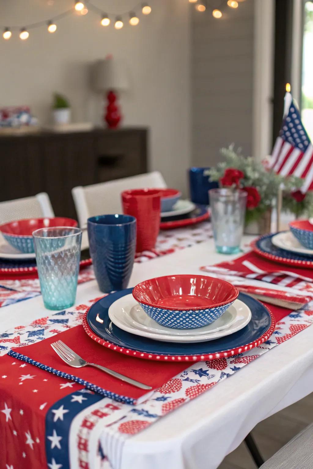 Adorn your table with crimson, ivory, and azure for a joyful feast.