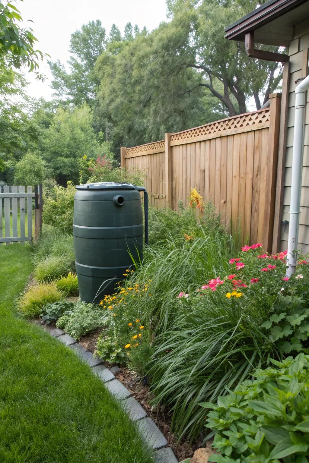 Rainwater barrels harmonize with nature, transforming storage into a garden feature.