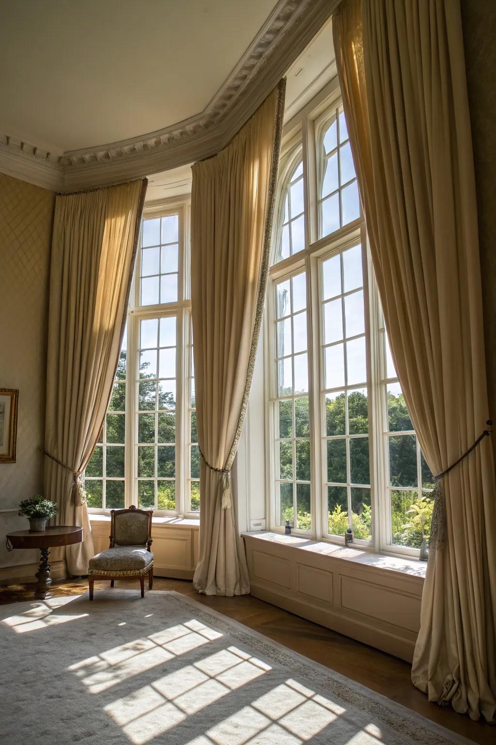 Curtains put up high for added height.