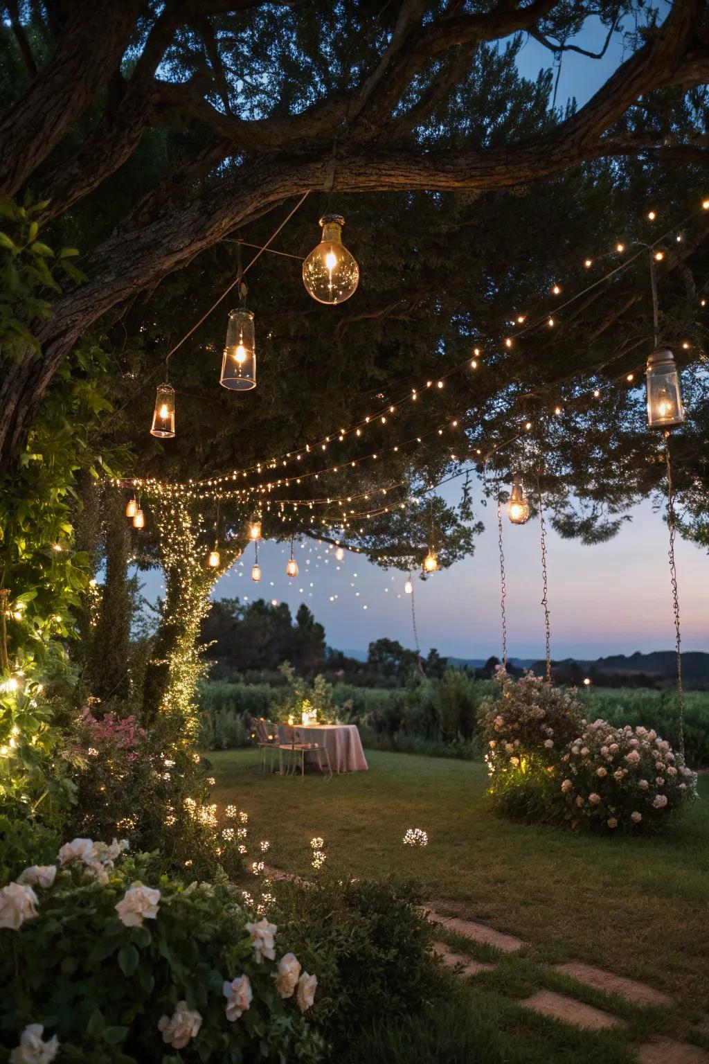 Mesmerizing string lights illuminating a garden festivity.