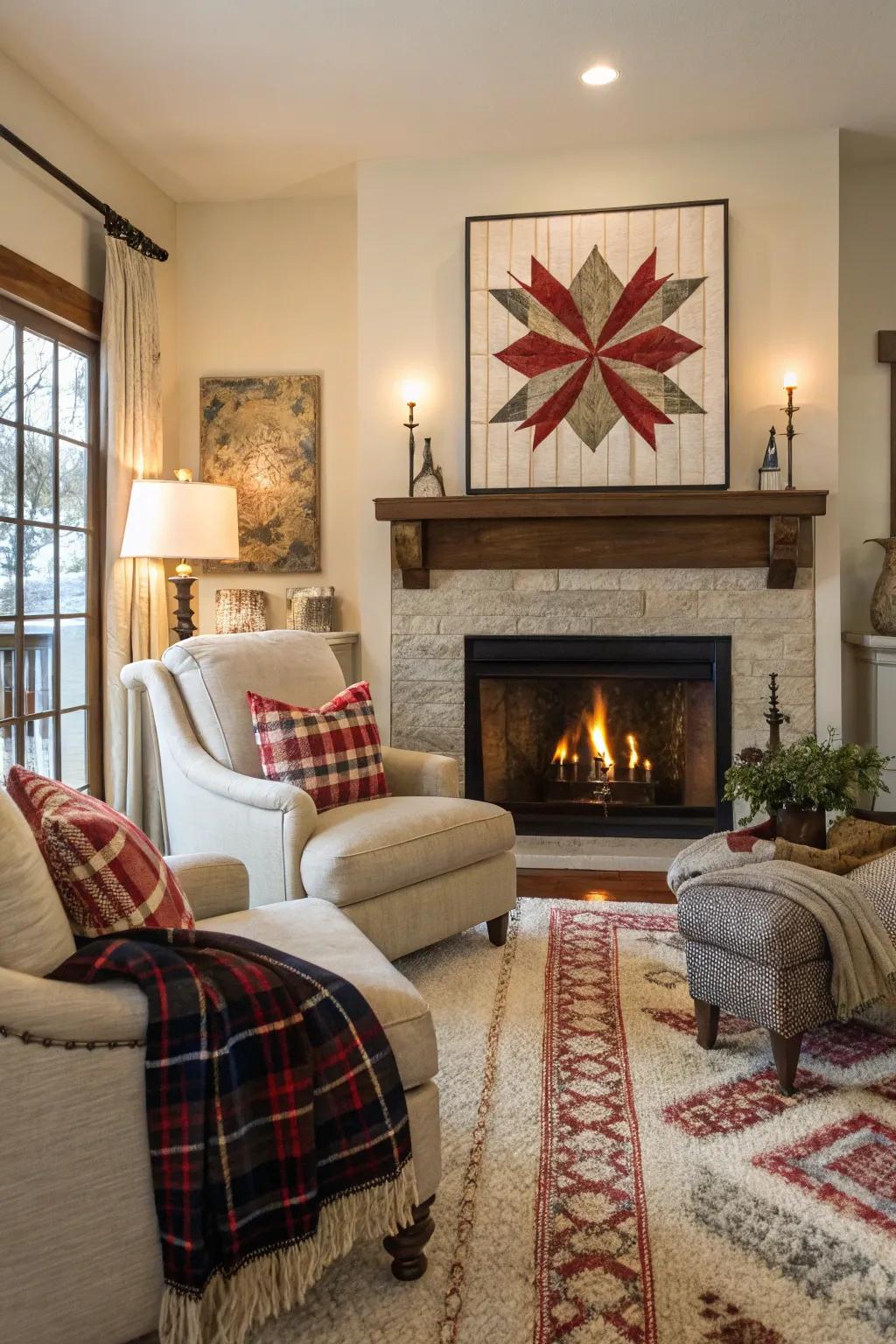 A striking art piece introduces character and style above the fireplace.