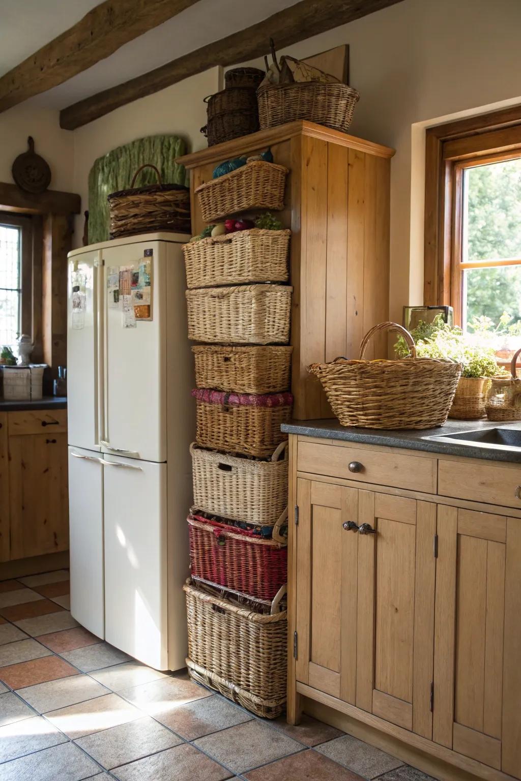 Woven baskets introduce both style and storage to the space above your fridge.
