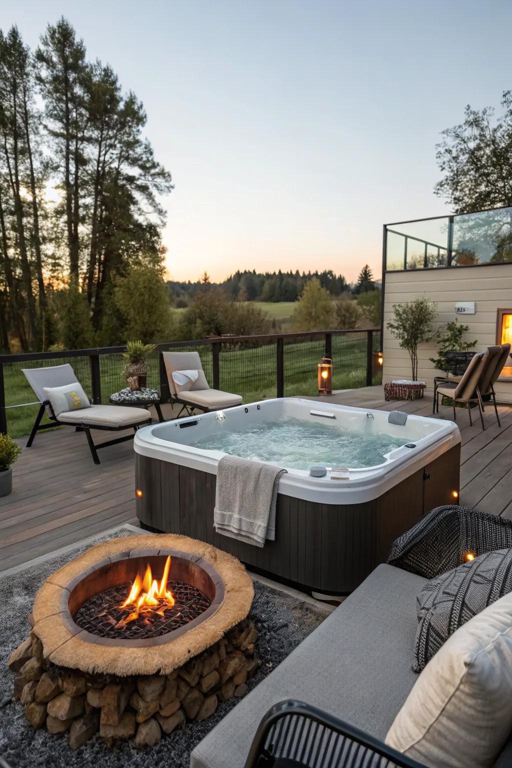 A bonfire space delivers warmth and atmosphere to your hot tub evenings.