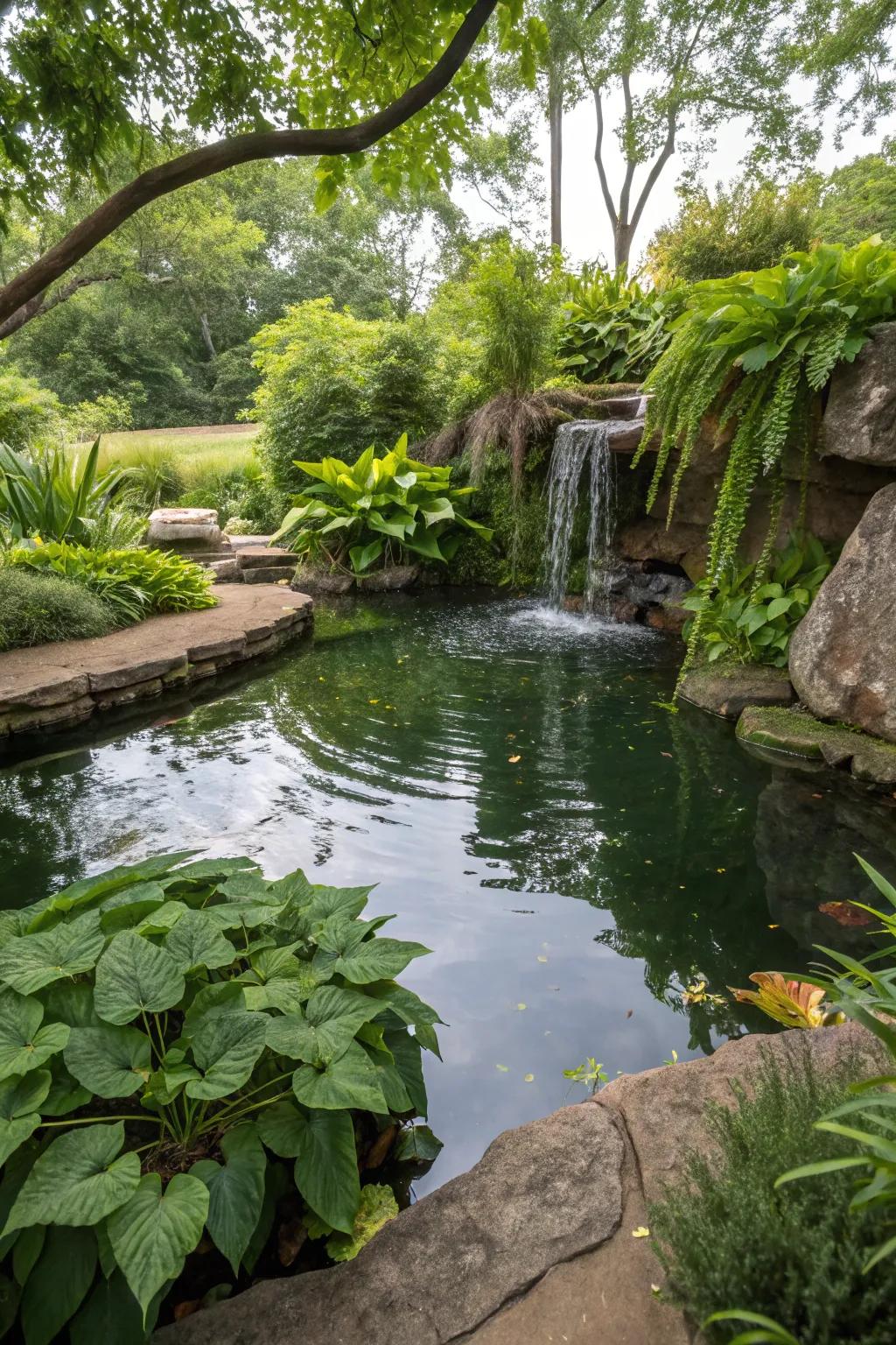 Lush plants amplify the natural ambiance of this elevated pond with a cascade.