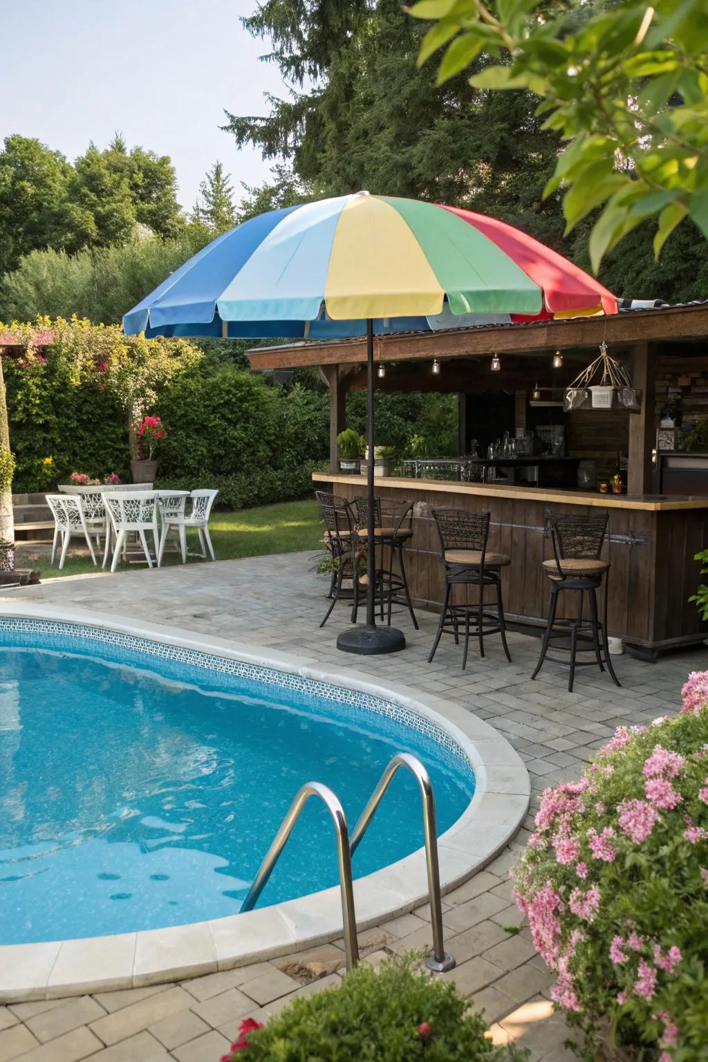 Add dynamic shade to your pool bar with a stylish umbrella.
