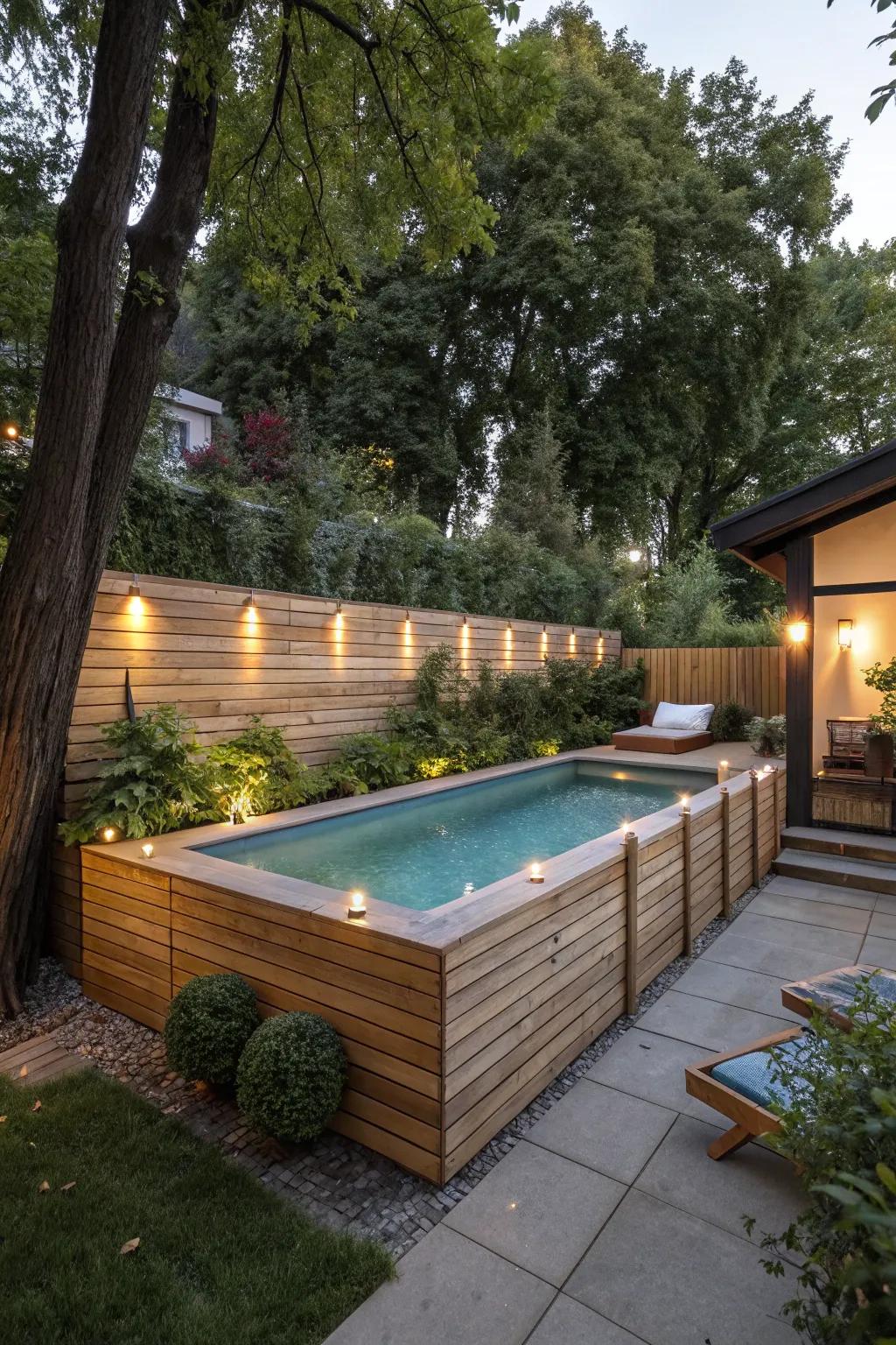 Foster an intimate, current poolside getaway with wood paneling.