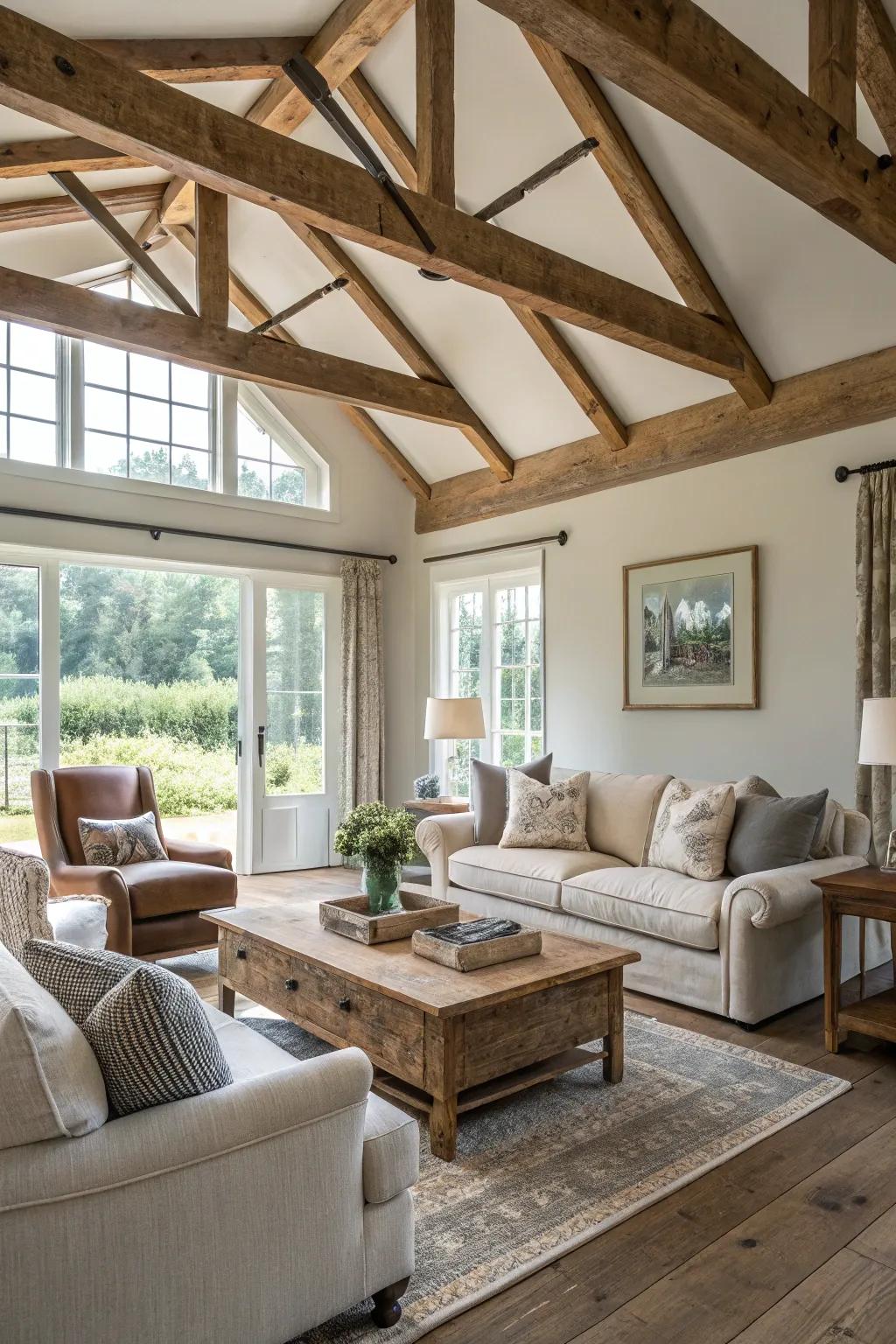 Painted beams offer a modern twist to this farmhouse-inspired design.